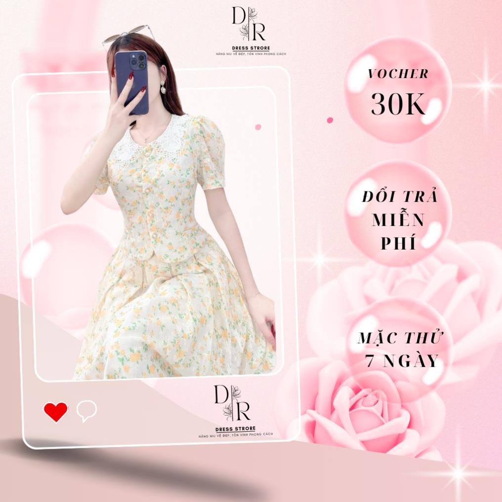 Đầm hoa nhí ren tay phồng dáng xòe nhẹ nhàng nữ tính váy xòe tiểu thư thanh lịch DS6000 - DVC Chính 