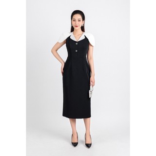 FDC34142 - Đầm công sở vải thô dáng bút chì dài hai lớp lót habutai cổ chữ V vai liền phối khuy đá trang trí - PANTIO