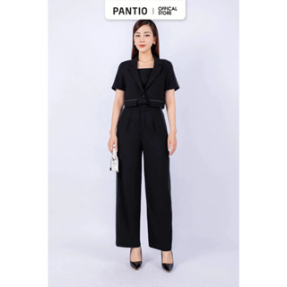 BAK33067 - Áo vest công sở vải tuytsi dáng croptop có lót vải habutai cổ hai ve vai phối dây ren trang trí - PANTIO