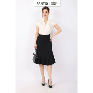 FAS73555 - Áo kiểu công sở vải lụa dáng suông cổ V vai chờm phối ren tạo kiểu - PANTIO