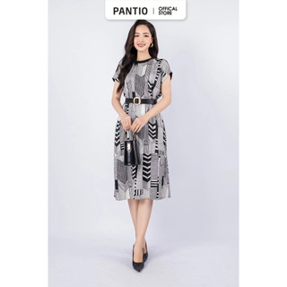 FDP33250 - Đầm dạo phố vải thô lụa dáng suông có lót vải habutai cổ tròn phối len tạo kiểu không kèm thắt lưng - PANTIO