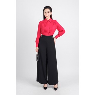 FAK31359 - Áo sơ mi kiểu công sở vải tơ dáng suông dài tay cổ đức thân áo xếp ly tạo kiểu cài khuy thân trước - PANTIO