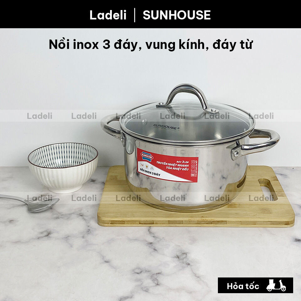 Nồi inox 3 đáy SUNHOUSE SHG301 size 16/18/20/24 inox dùng được với bếp từ bếp gas hồng ngoại