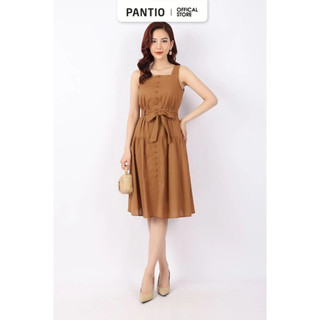 FDP33071 - Đầm dạo phố vải linen dáng xòe cổ vuông thân ngực đính cúc bọc trang trí kèm đai thắt nơ tạo kiểu - PANTIO