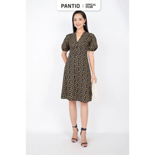  FDC33418 - Đầm công sở vải thô dáng suông cổ V cut cúp chân ngực khuy trai trang trí - PANTIO 