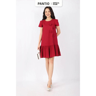 FDP33064 - Đầm dạo phố vải linen dáng xòe chân xếp nhún cổ tròn vai bồng nhẹ thân đính hoa 3D trang trí - PANTIO