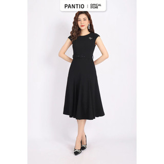 FDC33723 - Đầm công sở vải phi cát dáng xòe cổ tròn vai chờm kèm cài áo và đai lưng tạo kiểu khóa thân sau - PANTIO