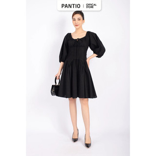FDP32982 - Đầm dạo phố vải linen dáng xòe cổ vuông rút chun thân ngực xếp nhún tay bồng eo bo chun - PANTIO