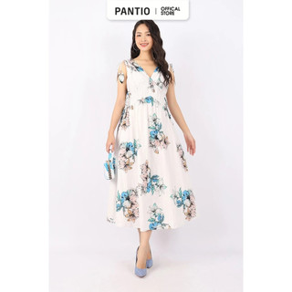 FDC33869 - Đầm dạo phố vải thô dáng xòe cổ V vai rút nhún ngực eo xếp nếp tạo kiểu - PANTIO