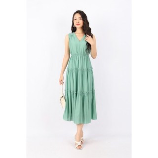 FDC33741 - Đầm dạo phố vải thô dáng xòe cổ V vai phối bèo eo bo chun chân váy xếp tầng - PANTIO
