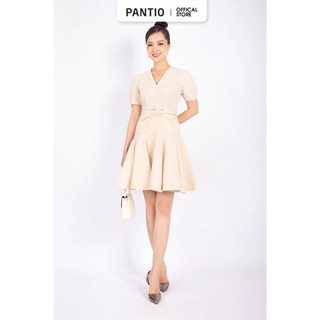 FDC13672 - Đầm công sở vải linen dáng xòe cổ V thân diễu chỉ phối túi tay phồng kèm đai tạo kiểu khóa thân sau - PANTIO