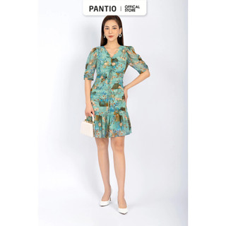 FDC33626 - Đầm công sở vải chiffon dáng ôm chân xòe cổ V nhún nơ tay bồng thân xếp nếp - PANTIO
