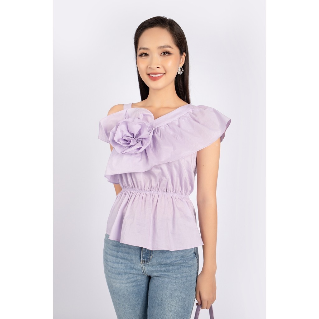 FAK31212 - Áo kiểu dạo phố vải thô dáng peplum eo bo chun vai lệch phối bèo tạo nơ 3D - PANTIO | BigBuy360 - bigbuy360.vn