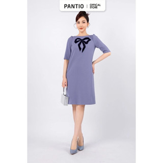  FDP13236 - Đầm dạo phố vải thô đũi dáng suông có lót vải habutai cổ thuyền vai nhún nhẹ thân phối vải nhung tạo hình nơ 