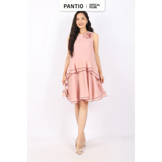 FDP33181 - Đầm dạo phố vải tơ dáng xòe xếp tầng cổ tròn không tay phối hoa cài trang trí - PANTIO