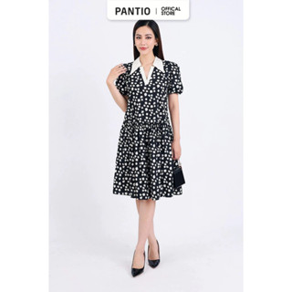  FDP33339 - Đầm dạo phố vải thô kate dáng suông cổ đức xẻ chữ V tay bồng thân váy tầng - PANTIO 