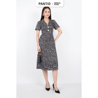 FDC33367 - Đầm công sở vải lụa dáng xòe cổ đức đính khuy trang trí chân váy rập ly - PANTIO