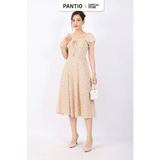 FDP33136 - Đầm dạo phố vải thô đũi dáng A cổ vuông tay bồng thân ngực xếp nhún - PANTIO