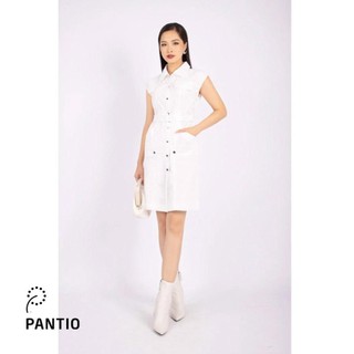 FDC73525 - Đầm công sở vải linen dáng suông cổ đức tay chờm nắp túi diễu chỉ kèm đai thắt eo - PANTIO