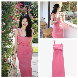 Đầm  Đầm midi maxi 2 dây thô đũi hồng  xuất Váy  V082