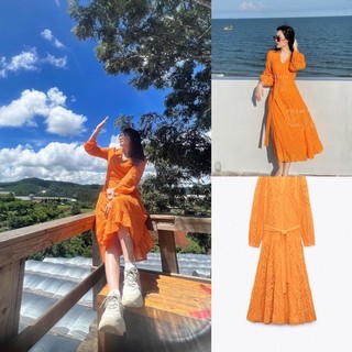 [CÓ SẴN- ẢNH THẬT] V056 Váy đầm maxi thô đũi thêu buộc eo màu cam  xuất