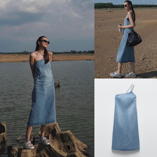 Đầm  đầm midi denim yếm dây lệch jeans  xuất V077