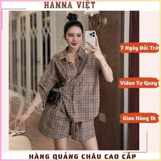 Bộ Đồ Nữ, Set Đồ Nữ BBR Gồm Áo Sơ Mi Tay Lỡ Mix Quần Short Kẻ Sang Chảnh Form Rộng Loại 1 Ms298