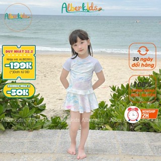  Sét đồ bơi bé gái ALBERKIDS màu loang áo ngắn tay kèm chân váy cho trẻ em 2-12 tuổi A0890 