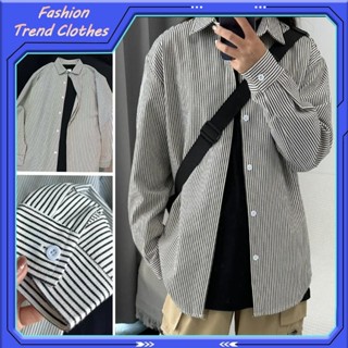 【Sản phẩm mới Áo sơ mi dài tay sọc cho nam Áo khoác cardigan sọc rộng rãi áo sơ mi nam tay dài