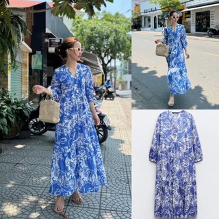 Đầm  Váy midi maxi dài hoạ tiết hoa xanh dương  xuất V105