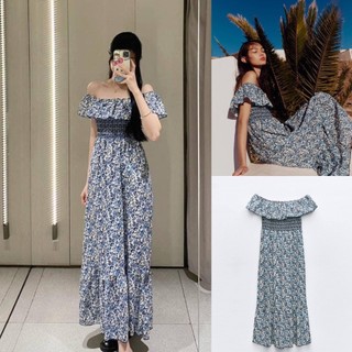 Đầm  Váy midi maxi  thổ cẩm trễ vai xanh dương  xuất V110