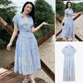 Đầm  Váy midi maxi thô đũi thổ cẩm đục lỗ xanh dương  xuất V099