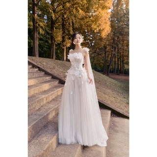 LUXURY_ Váy tiệc, chụp ảnh cưới dáng xuông dịu dàng, duyên dáng phối ren mi tay elsa cao cấp@