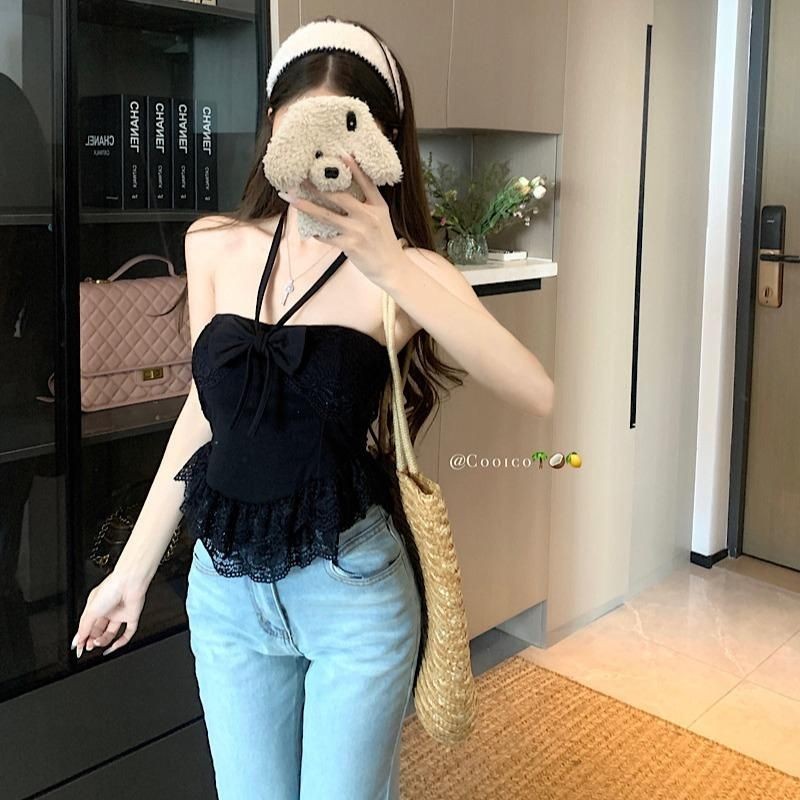 Áo croptop có mút ngực cho nữ áo 2 dây sát nách áo ống áo quây cổ yếm đính nơ nhún bèo ren AT23 | BigBuy360 - bigbuy360.vn