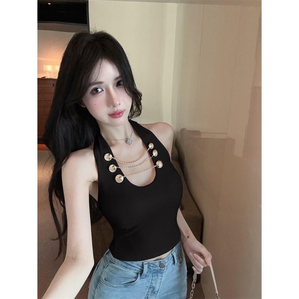 Áo croptop cổ yếm cho nữ áo sát nách áo quây hở lưng đính xích chất thun co dãn mềm có mút AT35 | BigBuy360 - bigbuy360.vn