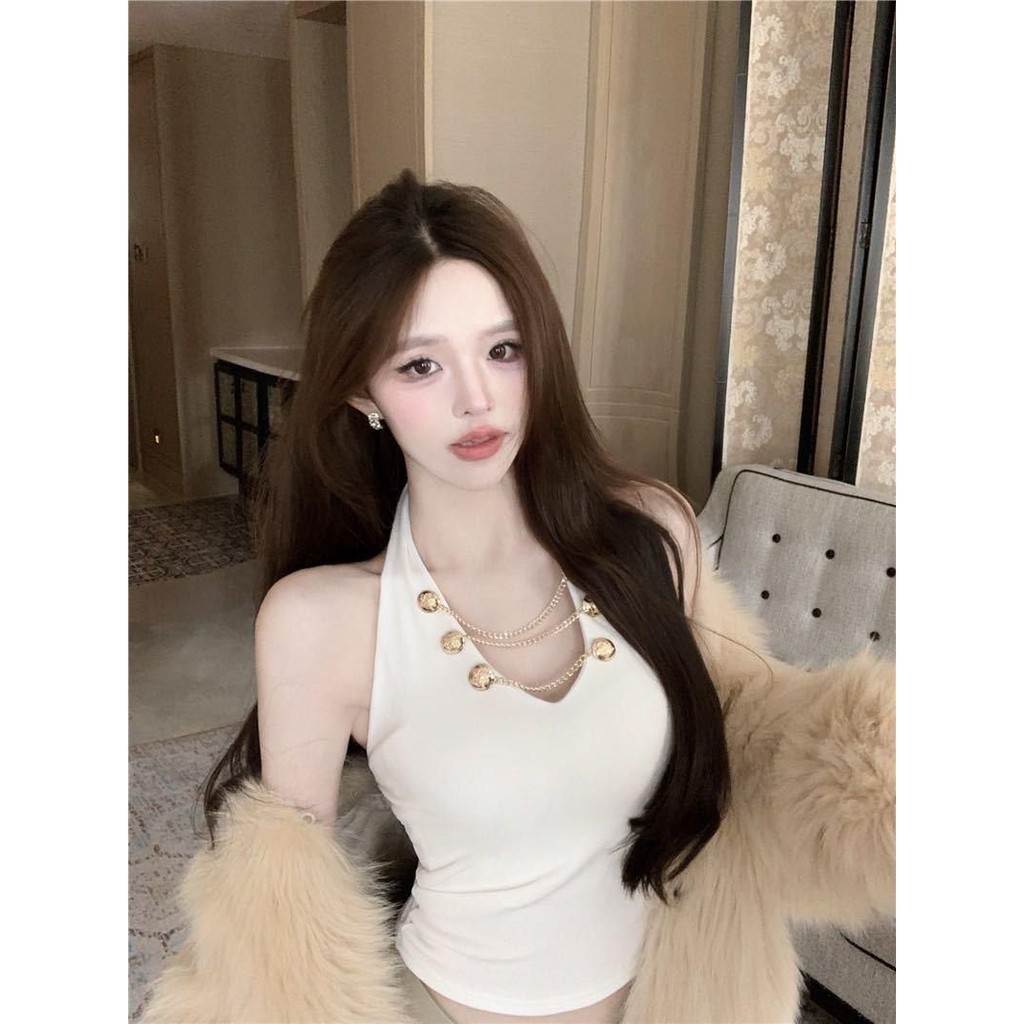 Áo croptop cổ yếm cho nữ áo sát nách áo quây hở lưng đính xích chất thun co dãn mềm có mút AT35 | BigBuy360 - bigbuy360.vn