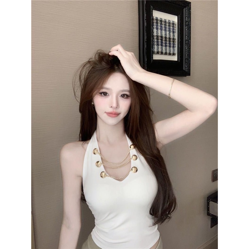 Áo croptop cổ yếm cho nữ áo sát nách áo quây hở lưng đính xích chất thun co dãn mềm có mút AT35 | BigBuy360 - bigbuy360.vn