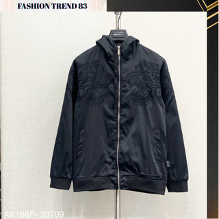  Áo khoác gió mũ nam nữ Philipp Plein Thêu Hình hổ vằn hai bên ngực phối mũ thêu logo sắt boy phố đi chơi đi học 