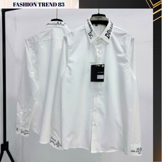 Áo sơ mi trắng nam dài tay DG lụa nến trơn phối ống tay và cổ dệt chữ monogram đơn giản  Thời trang boy phố 2025