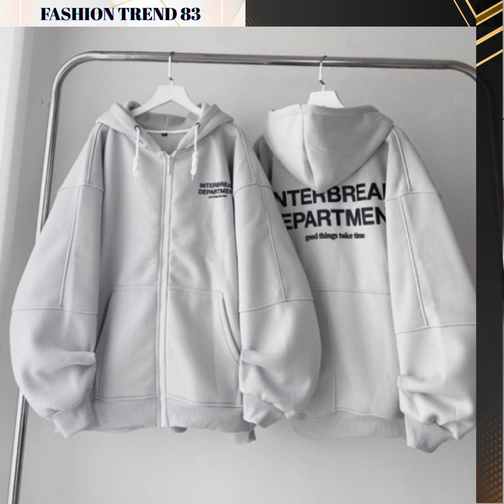 Áo Khoác Hoodie Phối Zip INTERBREAK Vải Nỉ Bông màu XÁM/ĐEN 🖤 Nam nữ unisex 🖤 Áo hoodie dây kéo Form
