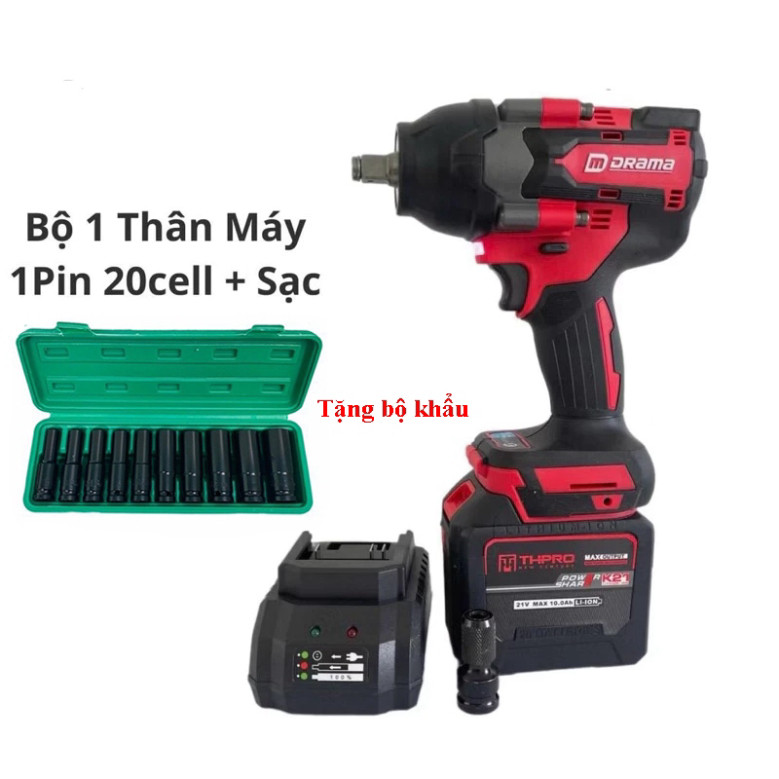 Tặng bộ khẩu Máy Bulong Pin DRAMA D-5598 Lực Siết Khỏe Động Cơ Không Chổi Than