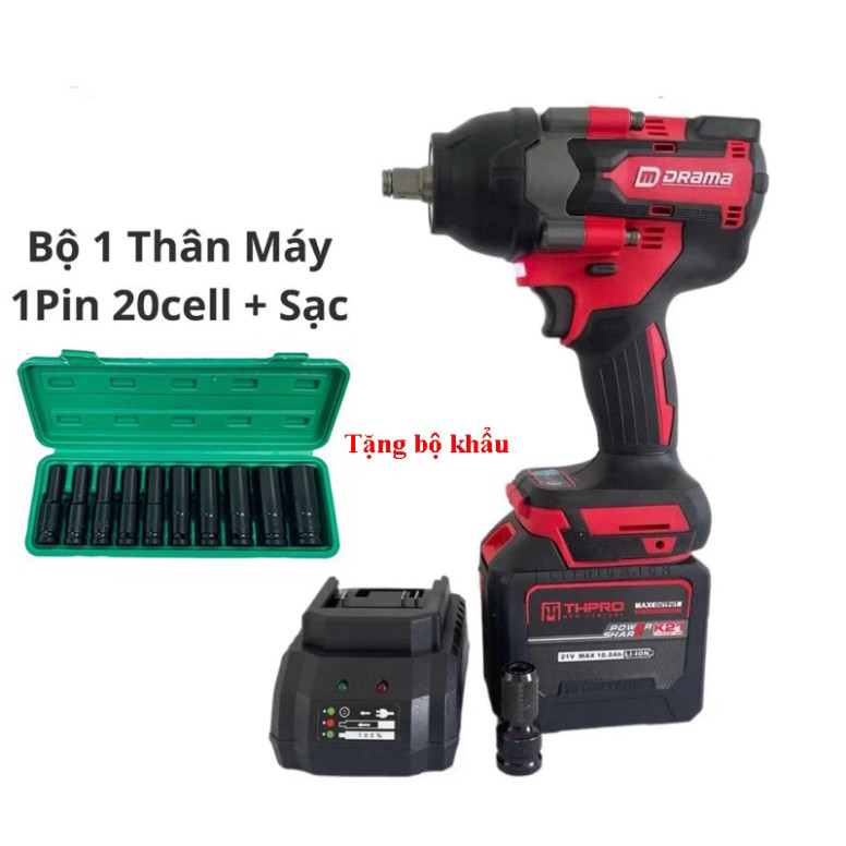 Tặng bộ khẩu Máy Bulong Pin DRAMA D-5598 Lực Siết Khỏe Động Cơ Không Chổi Than