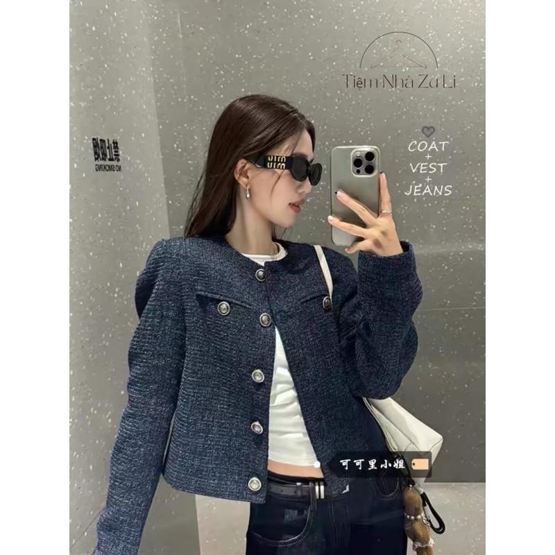 ( ORDER)- Áo khoác dạ Tweed mà xanh hải quân phong cách Hàn Quốc thiết kế mới 2024 dáng ngắn