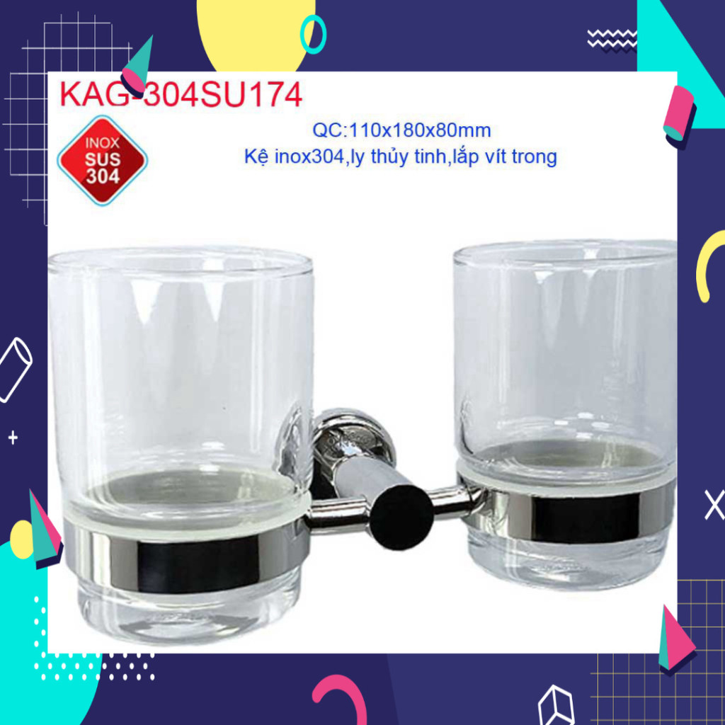 Kệ đựng ly đánh răng Tovashu KAG-304SU174, Kệ Ly đôi Inox cao cấp Inox SUS304 Nhật bản