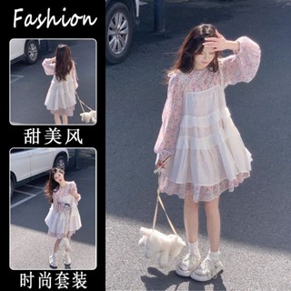   Order  Set Đầm hoa babydoll tay phồng phối váy 2 dây trắng phong cách Hàn Quốc mùa hè ngọt ngào 