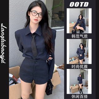   Order  Set áo sơ mi dài tay sọc xanh navy kèm cà vạt và quần short phong cách tỉ tỉ Trung Quốc 