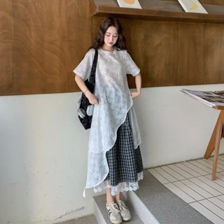 [Order] Set Đồ Phong Cách Hàn Quốc Nhẹ Nhàng, Áo Dáng Dài Lệch Tà Phối  Ren Kết Hợp Chân Váy Caro