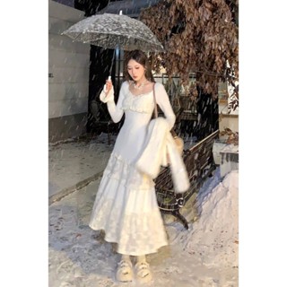   Pre-Order  Váy Len Dài Trễ Vai Phối Ren Váy Dáng Dài Mùa Thu Đông. 