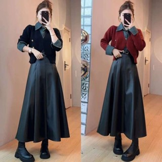 [Pre-Order] Set Áo Len Cổ Sơ Mi Phối Jean Và Chân Váy Da Dáng Dài Thanh Lịch Cho Nữ Mùa Thu Đông