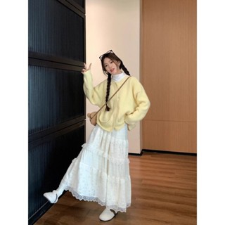 [Pre-Order] Set Áo Len Cardigan+ Chân Váy Dài Phối Ren Cho Nữ Mùa Đông Mới Nhất Kiểu Hàn Quốc